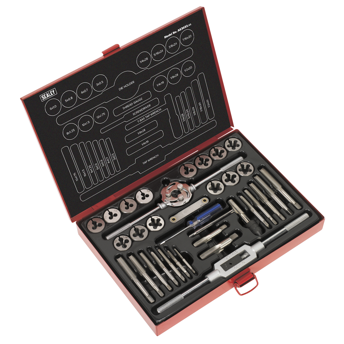 Sealey Tap & Die Set 33 Pieces Split Dies Metric/UNF/BSP Silver Steel AK3033