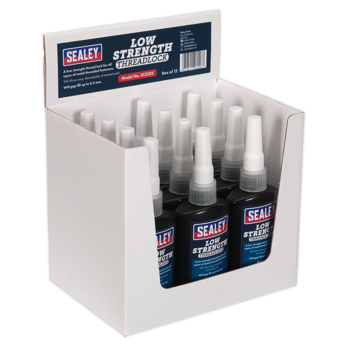 Sealey Thread Lock Low Strength 50mL Fills Gaps Up to 0.5mm Pack of 12 SCS222