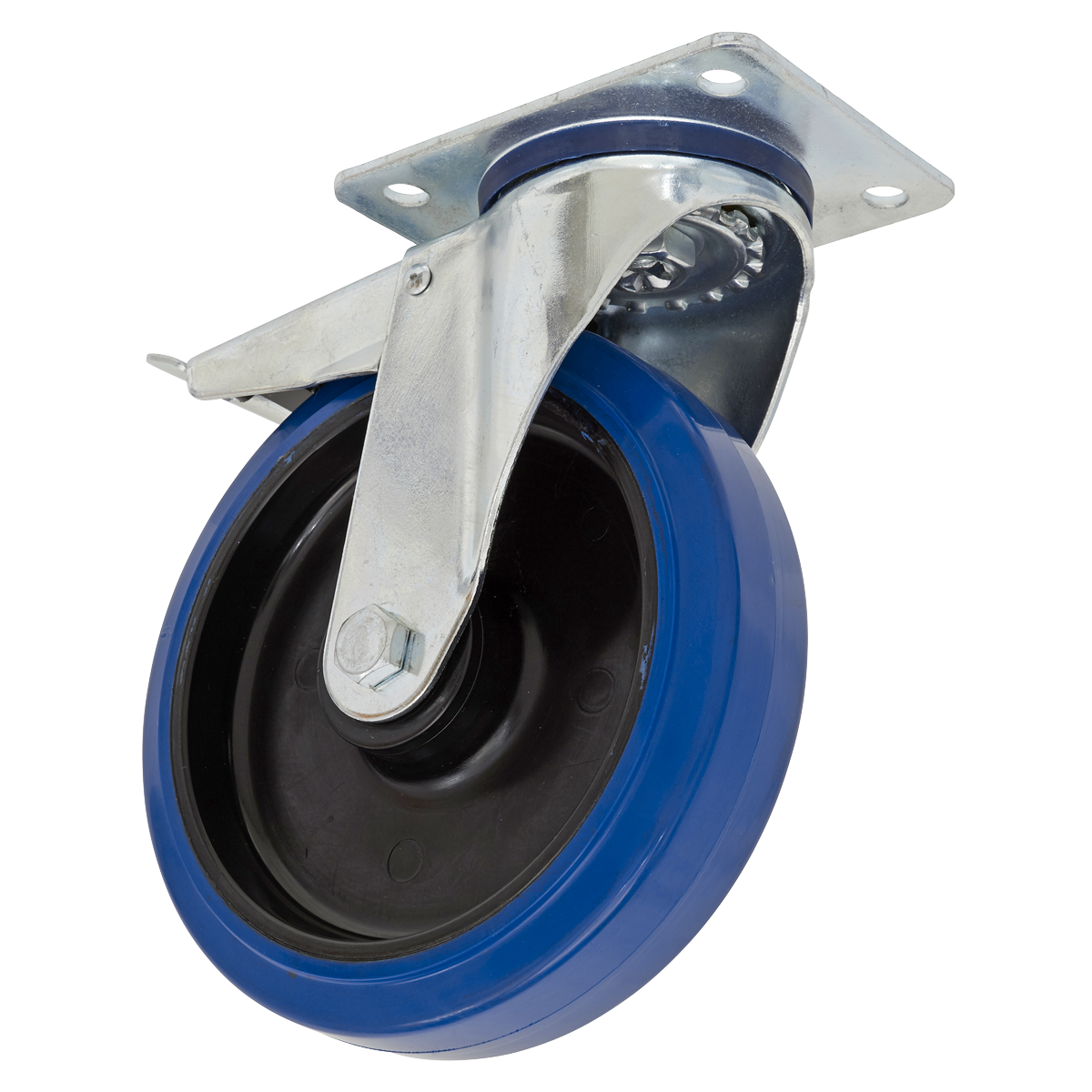 Sealey Castor Wheel 100mm Plate Swivel With Total Lock Blue Rubber SCW3100SPLEM