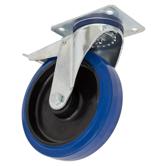 Sealey Castor Wheel 100mm Plate Swivel With Total Lock Blue Rubber SCW3100SPLEM