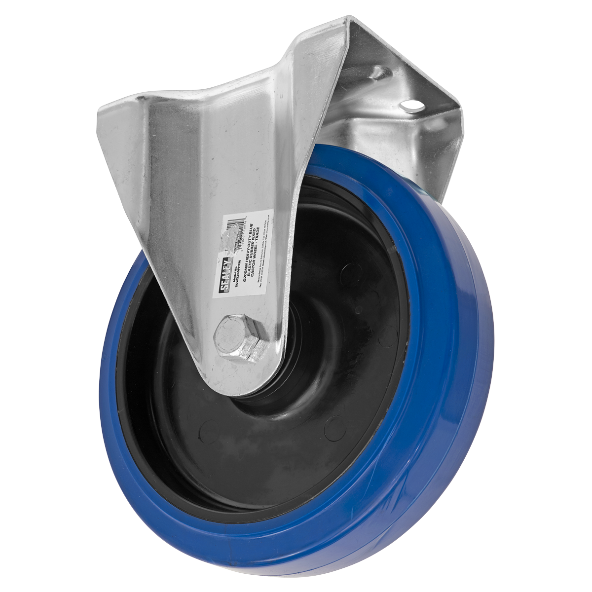 Sealey Castor Wheel 200mm Plate Fixed 300kg Load Blue Elastic Rubber SCW3200FPEM