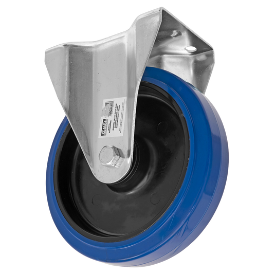 Sealey Castor Wheel 200mm Plate Fixed 300kg Load Blue Elastic Rubber SCW3200FPEM