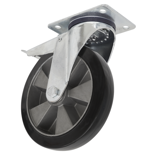 Sealey HDuty Rubber Castor Wheel Swivel W/Total Lock 200mm Trade SCW5200SPLEM