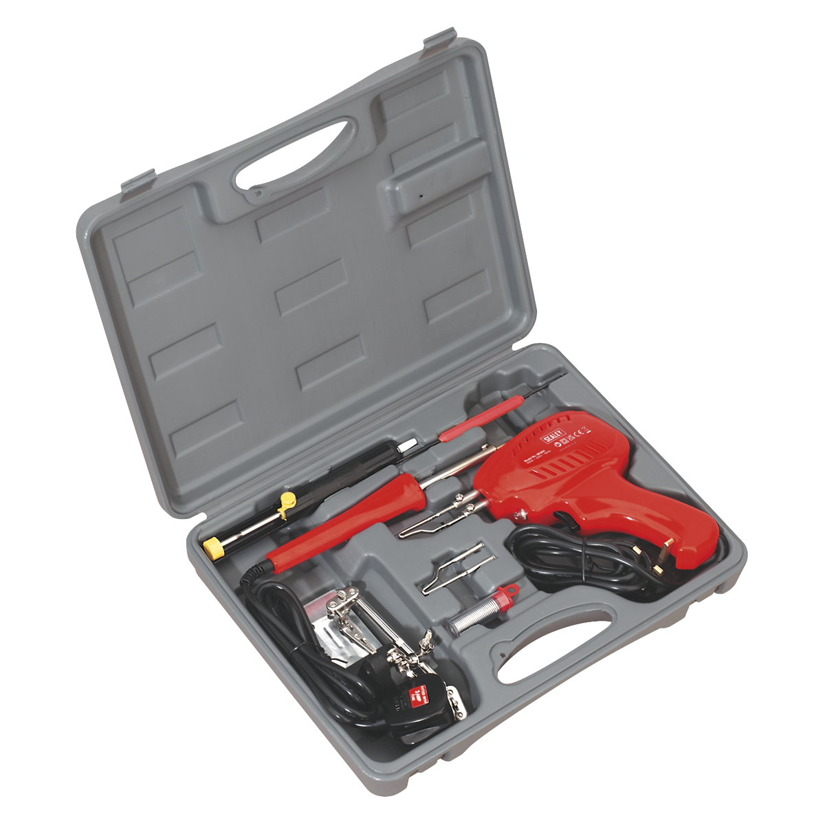 Sealey Soldering Gun Iron Kit 8 Pieces 3-Pin Plug Hand Tool With Case SD300K