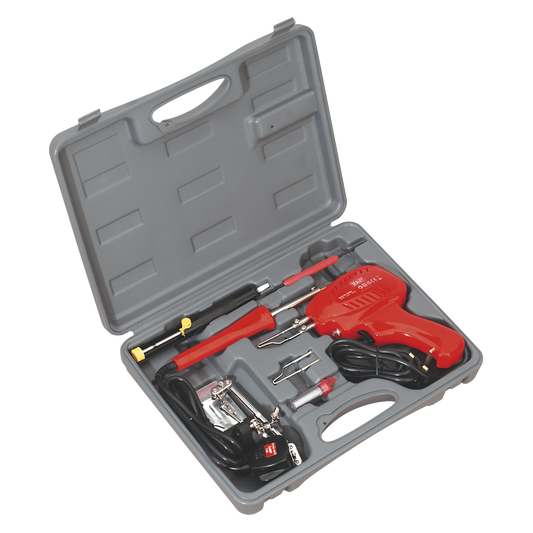 Sealey Soldering Gun Iron Kit 8 Pieces 3-Pin Plug Hand Tool With Case SD300K