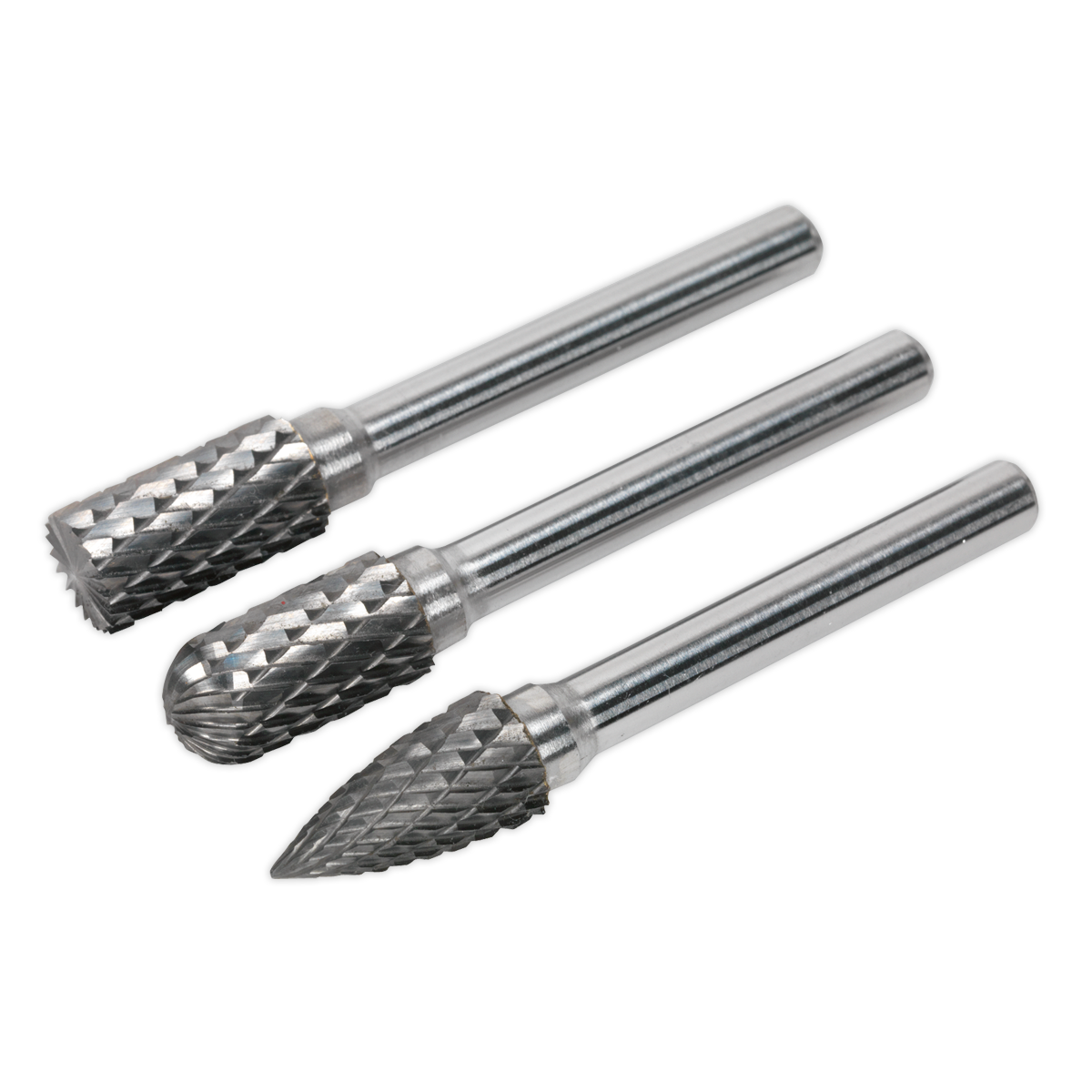 Sealey Rotary Burr Set 3 Pieces Ø10mm x 65mm in Plastic Storage Box Silver SDBK3