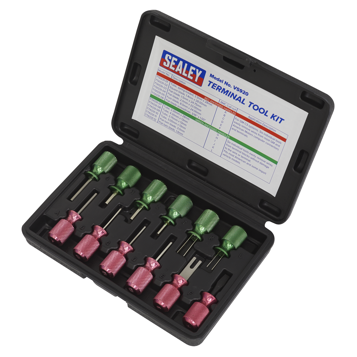 Sealey Terminal Tool Kit 12 Pieces Connector Removal Set Aluminium Handles VS920
