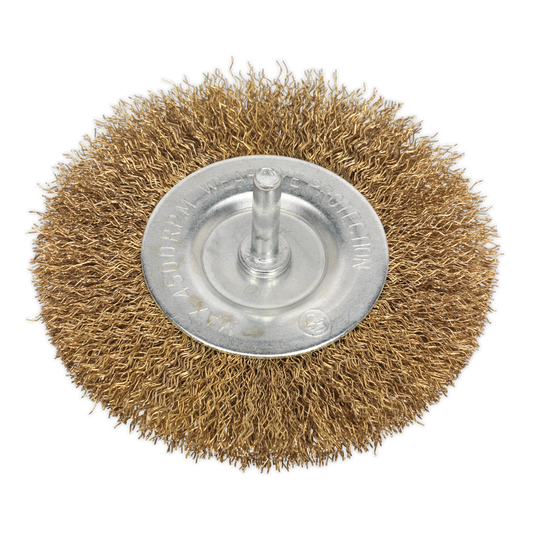 Sealey Flat Wire Brush 100mm With 6mm Shaft Crimped Brassed Steel SFB100