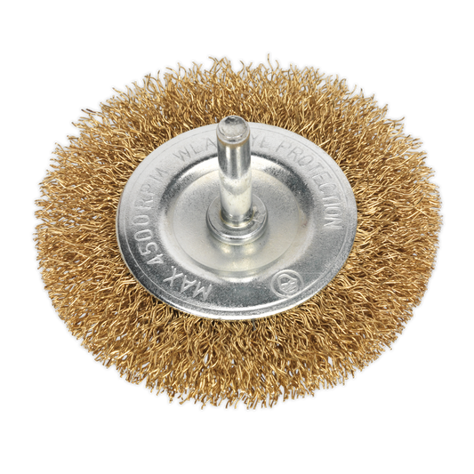 Sealey Ø75mm Flat Wire Brush Ø6mm Shaft Crimped Brassed Steel Filaments SFB75
