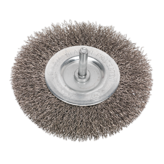 Sealey Flat Wire Brush Stainless Steel 100mm With 6mm Shaft 4500rpm SFBS100