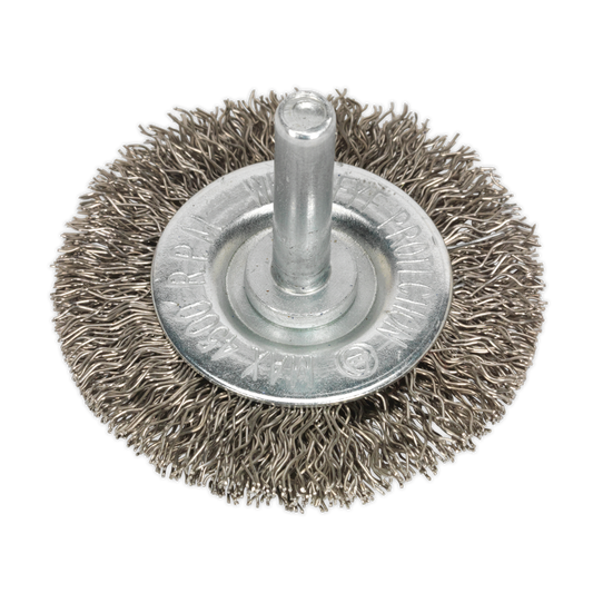 Sealey Ø50mm Flat Wire Brush Ø6mm Shaft Crimped Brassed Steel Filaments SFBS50