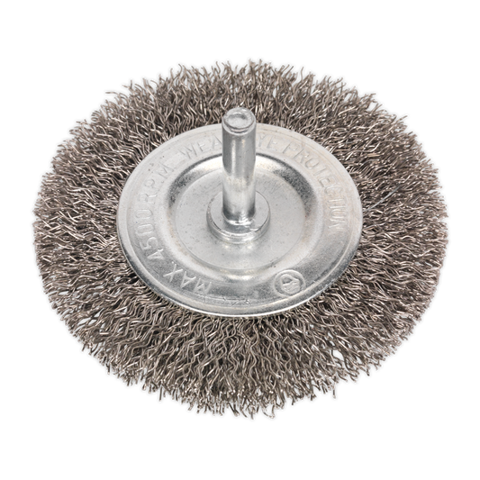 Sealey Flat Wire Brush Stainless Steel 75mm With 6mm Shaft 4500rpm SFBS75