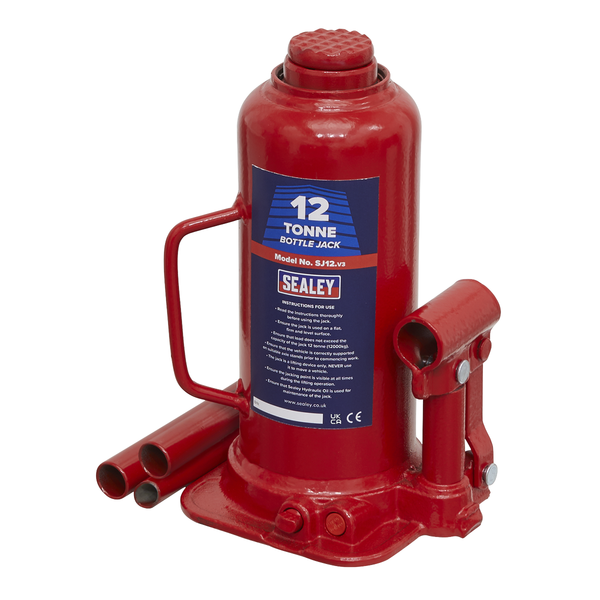 Sealey Bottle Jack Lift With Overload Valve & 2-Piece Handle 12 Tonne SJ12