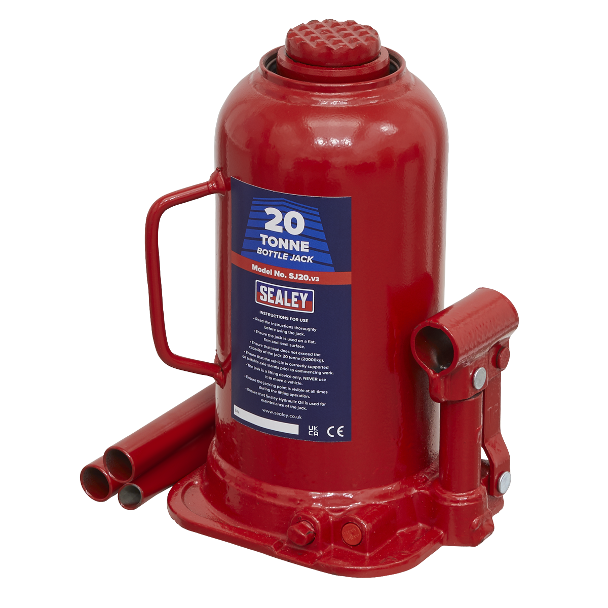 Sealey Bottle Jack Lift With Overload Valve & 2-Piece Handle 20 Tonne SJ20