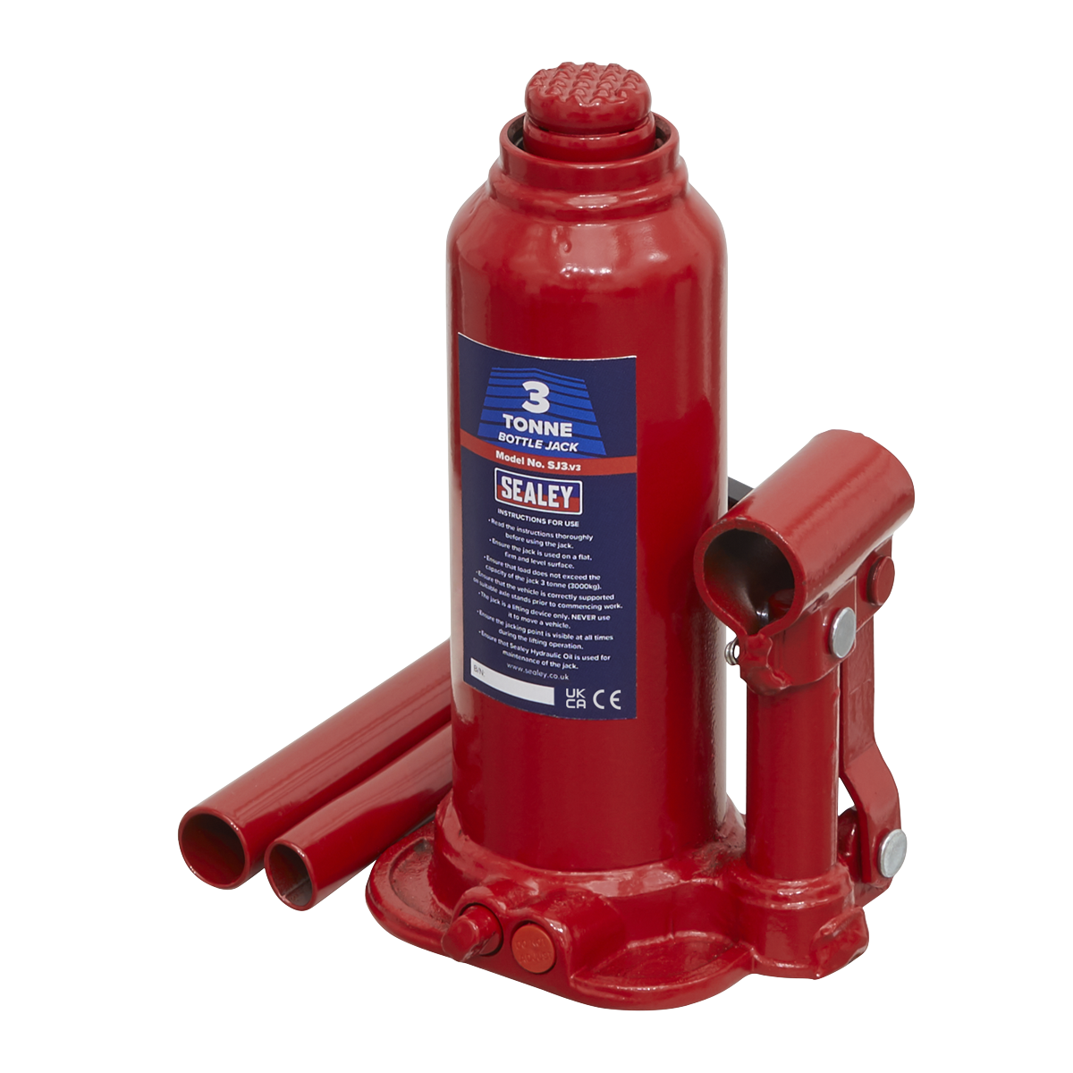 Sealey Bottle Jack Lift With Overload Valve & 2-Piece Handle - 3 Tonne SJ3