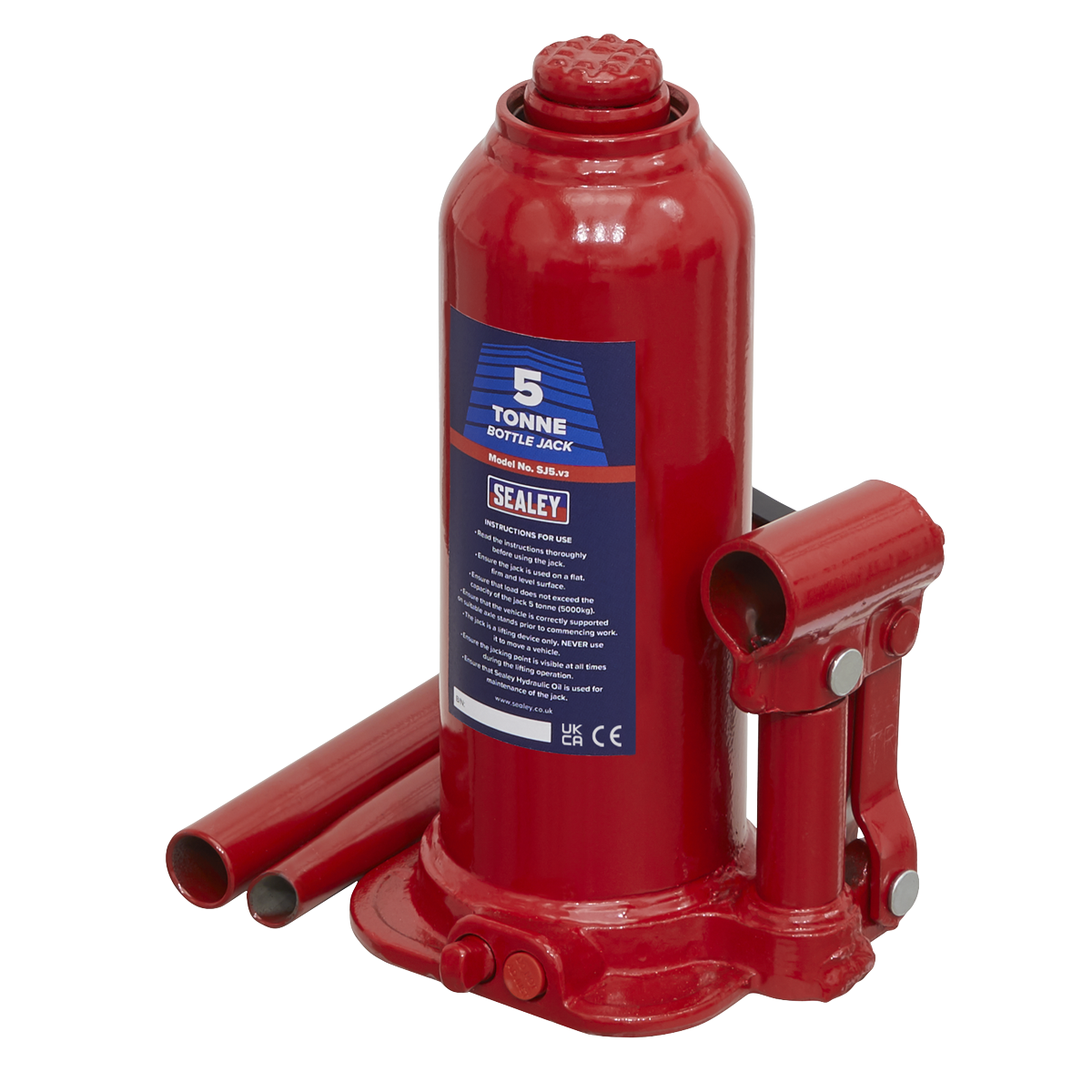 Sealey Bottle Jack Lift With Overload Valve & 2-Piece Handle - 5 Tonne SJ5