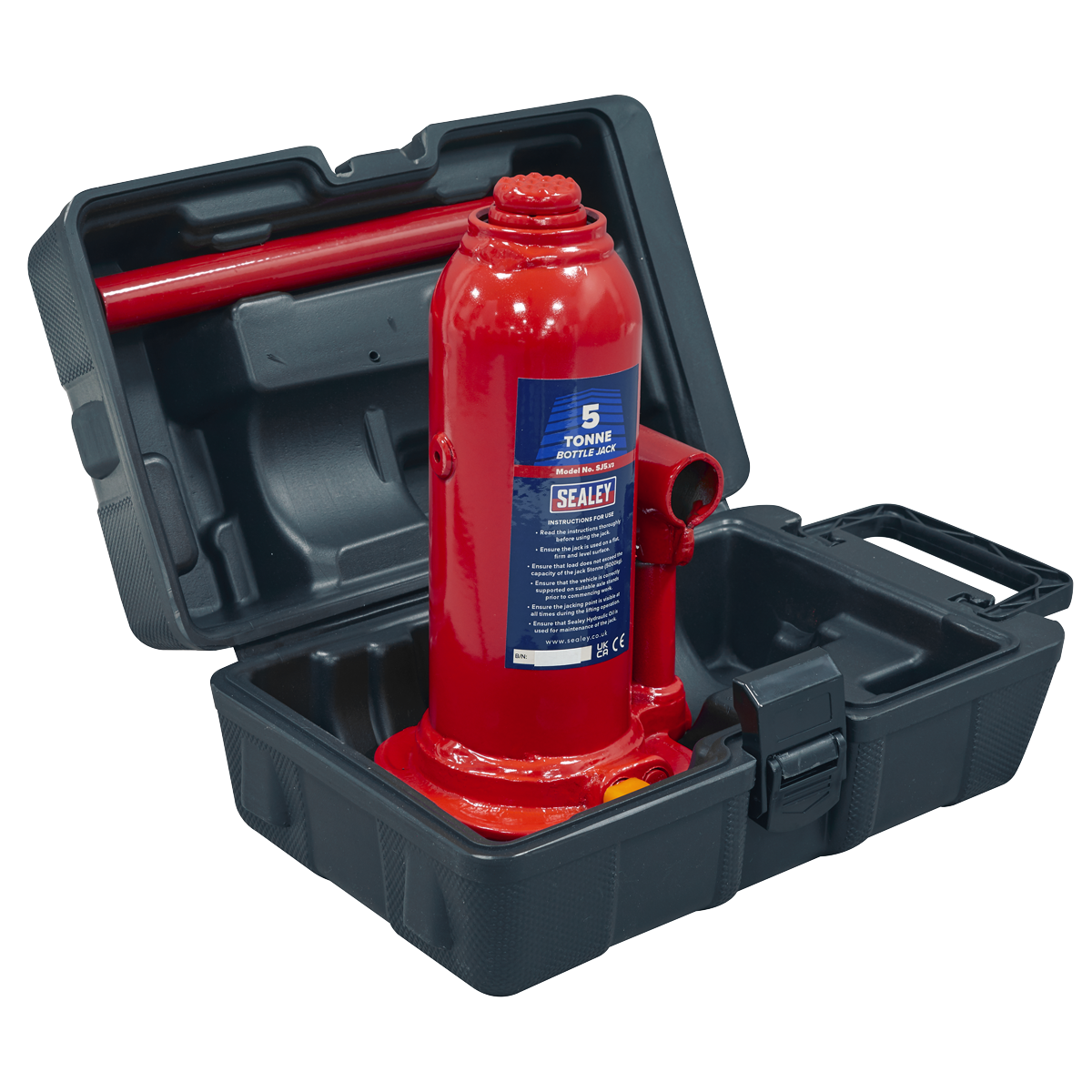 Sealey Bottle Jack 5 Tonne With Carry-Case & 2-Piece Handle Red Tool SJ5BMC