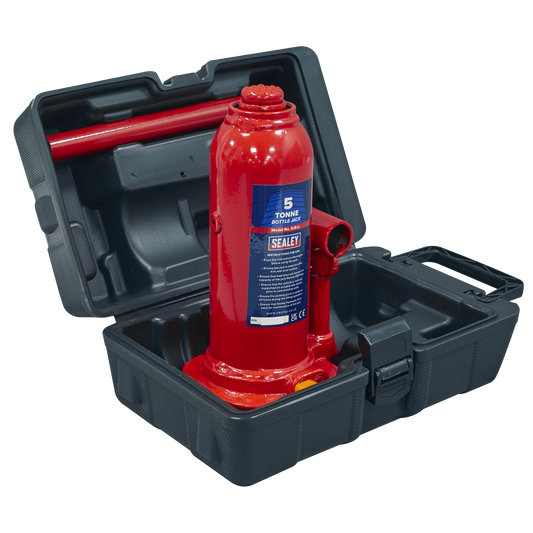 Sealey Bottle Jack 5 Tonne With Carry-Case & 2-Piece Handle Red Tool SJ5BMC
