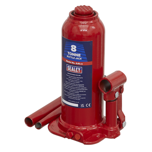Sealey Bottle Jack Lift With Overload Valve & 2-Piece Handle - 8 Tonne SJ8