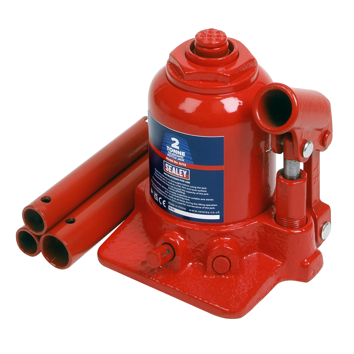 Sealey Bottle Jack 2 Tonne Telescopic With Overload Valve & 3-Piece Handle SJT2