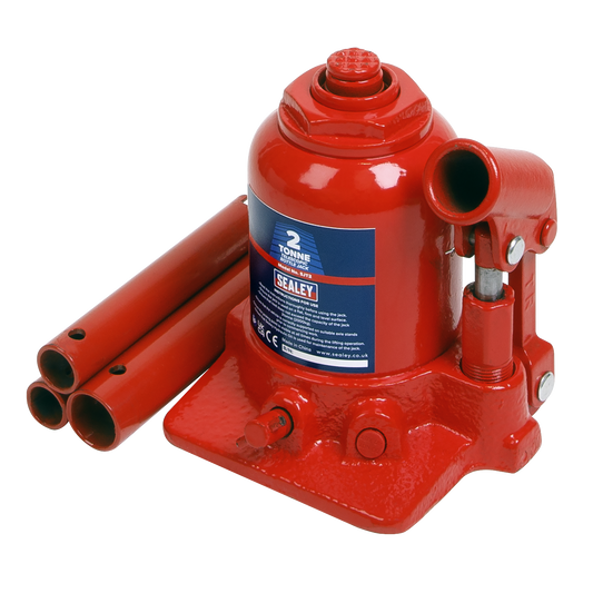 Sealey Bottle Jack 2 Tonne Telescopic With Overload Valve & 3-Piece Handle SJT2