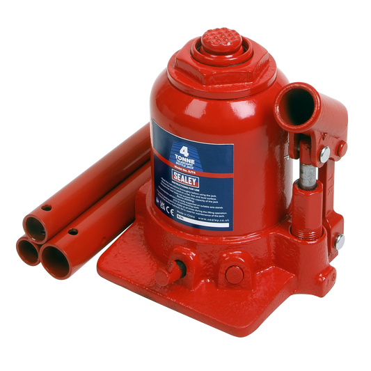 Sealey Bottle Jack 4 Tonne Telescopic With Overload Valve & 3-Piece Handle SJT4