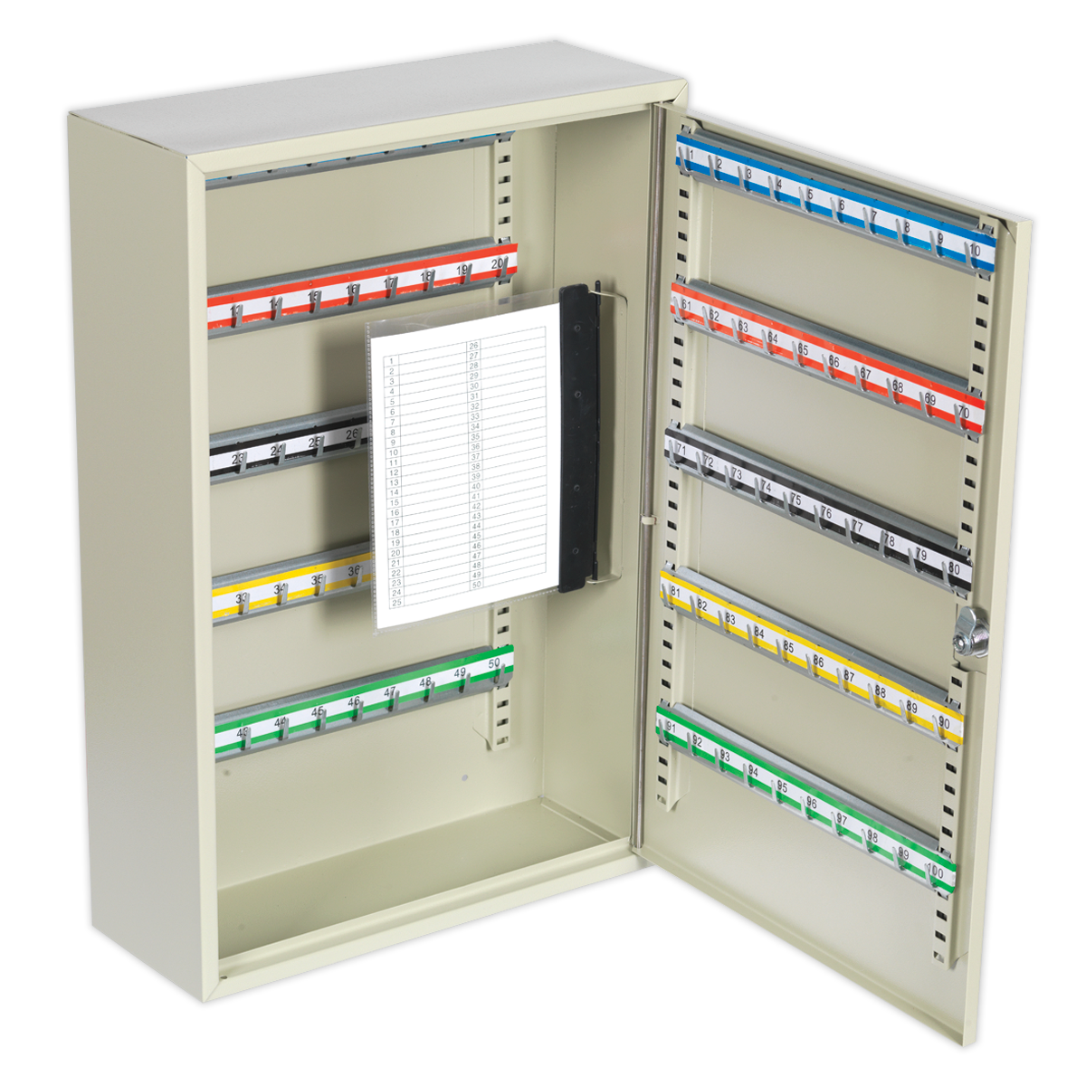 Sealey Key Cabinet Box With Colour-Coded Hook Bars For 100 Keys Deep SKC100D