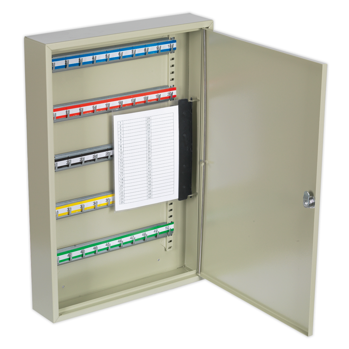 Sealey Key Cabinet Box With Colour-Coded Hook Bars & Index Cards - 50 Keys SKC50
