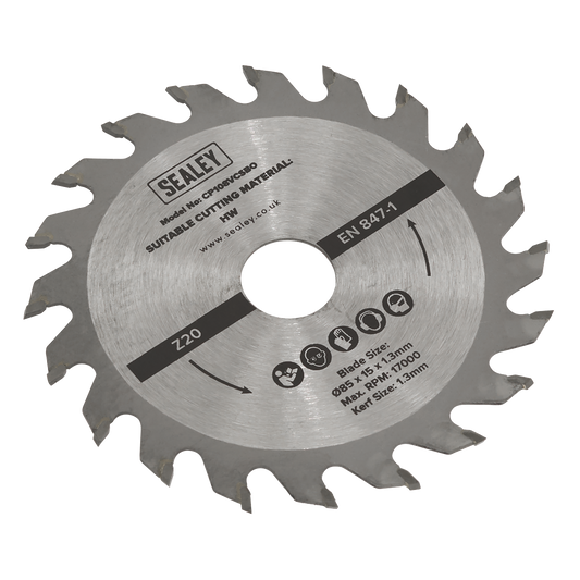 Sealey Circular Saw Blade Ø85 x 15 x 1.3mm 20tpu Tungsten Carbide Tip SM85B20