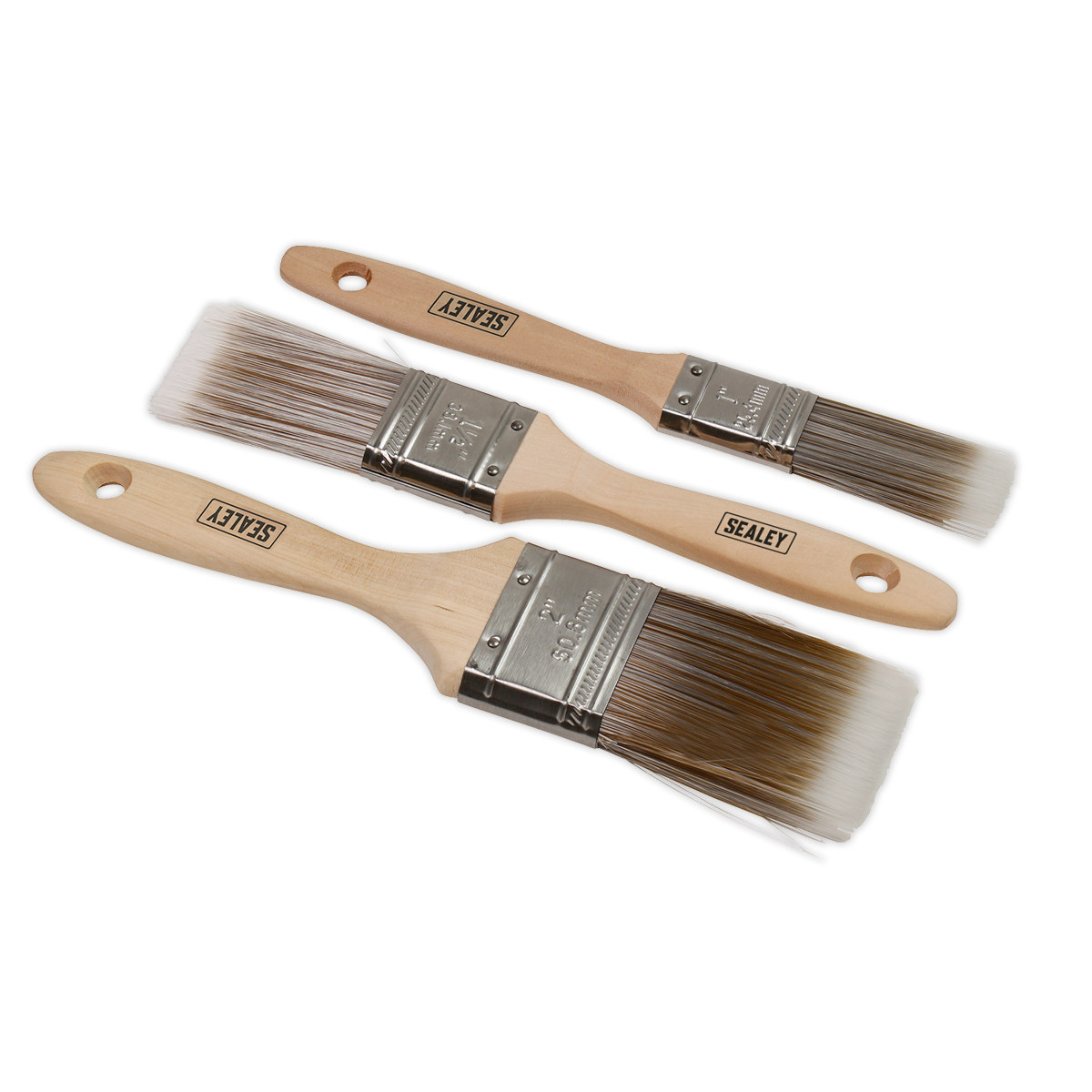 Sealey Wooden Handle Paint Brush Set Synthetic Filaments 3 Pieces SPBS3W