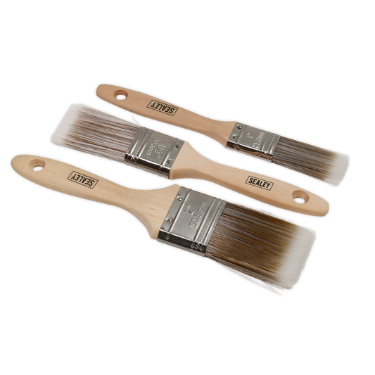 Sealey Wooden Handle Paint Brush Set Synthetic Filaments 3 Pieces SPBS3W