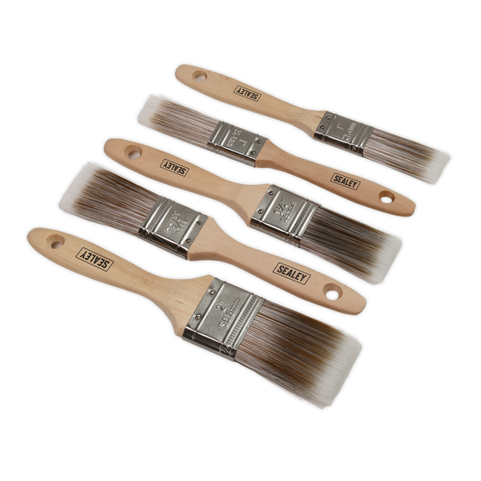 Sealey Wooden Handle Paint Brush Set Synthetic Filaments 5 Pieces SPBS5W