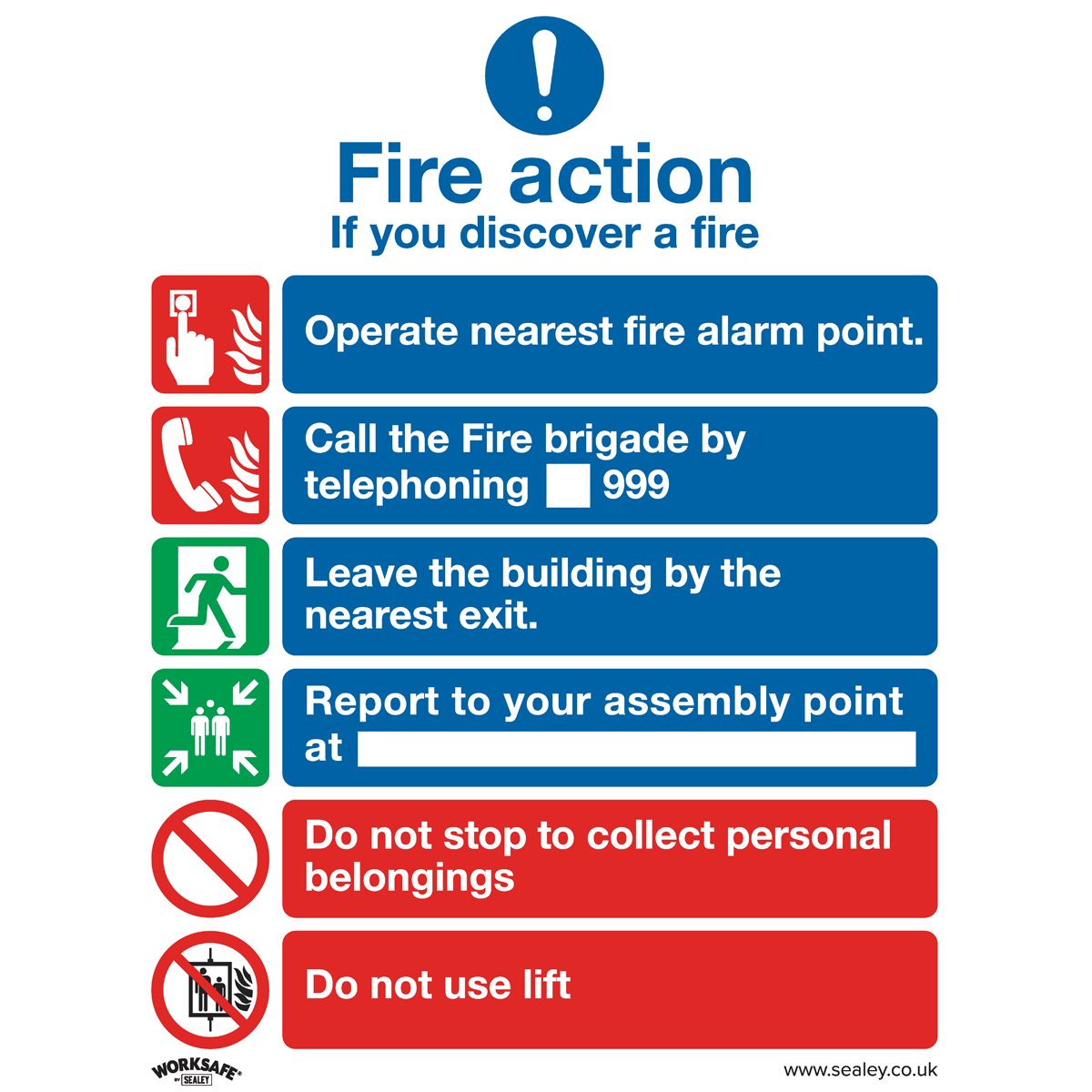 Sealey Safe Conditions Safety Sign Fire Action With Lift Rigid Plastic SS19P1